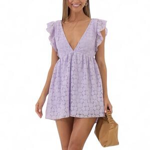 Lucy in the Sky Embroidered Baby Doll Dress Lavender Size M Feminine Mini Dress